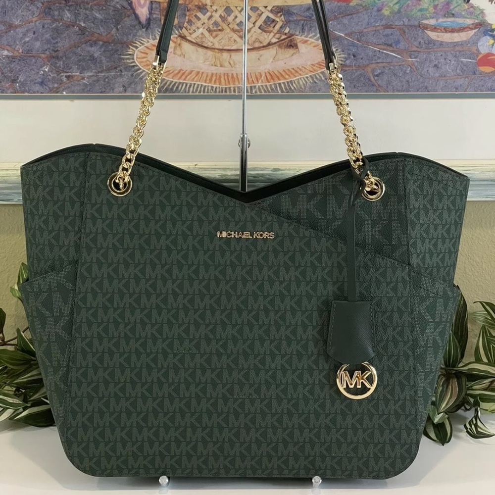 MICHAEL KORS JET TRAVEL LARGE X CHAIN SHOULDER TOTE BAG MK GREEN SIGNATURE